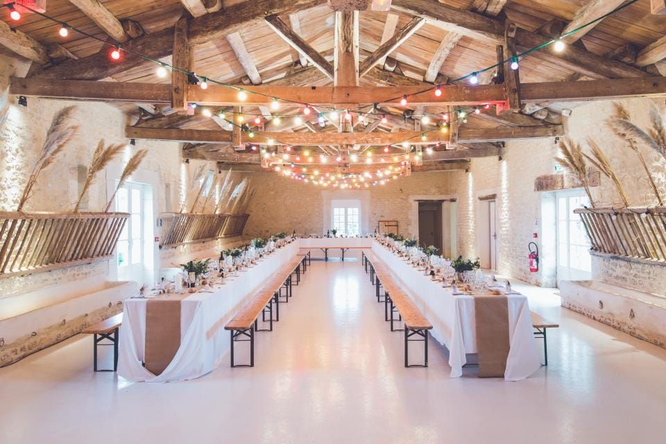 Wedding venue setup with lights